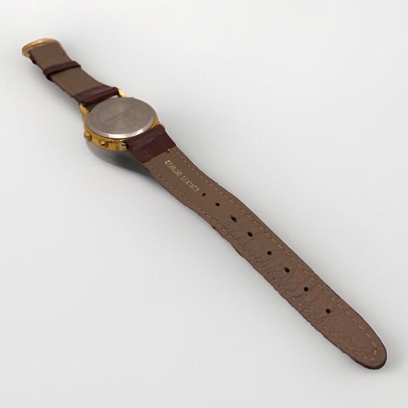 Vintage Guess Watch Women Gold Tone w Alarm White Dial Brown Leather Band 1990 - Picture 6 of 9
